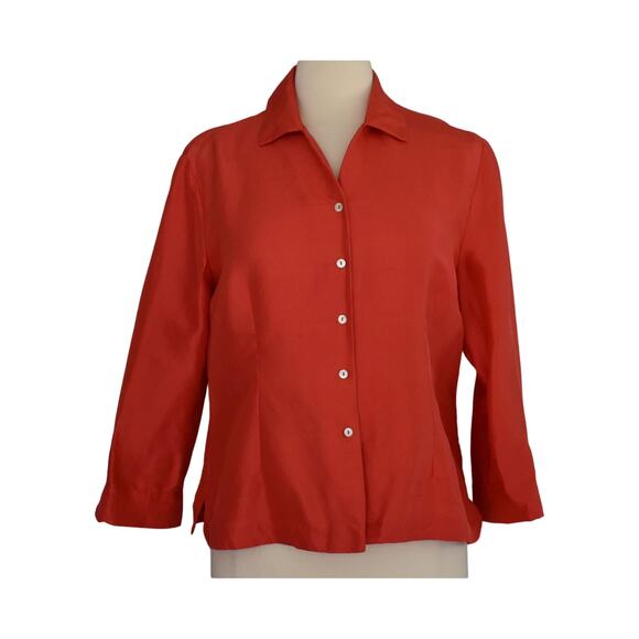 90s Dupioni Silk Blouse, Bracelet Length Sleeve Blouse, Red Minimalist Shirt, L - Picture 1 of 6